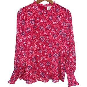 Joie Pink Floral Ruffle Neck Smocked Cuff Long Sleeve Blouse Size M